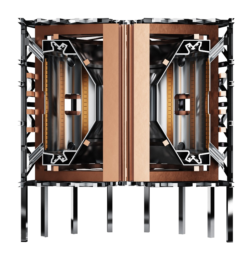 Cross-section render of the Anvil 2 tokamak: a copper-clad vessel on a steel frame, cut open to show the twin chambers either side of the central column